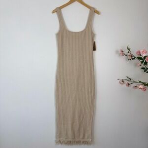 NWT! Just Found Knit Midi Dress‎ Sleeveless Fringe Hem Beige Casual L Crochet